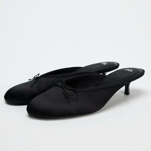 Zara Black Satin Kitten Heel Mules